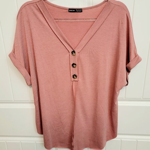 Shein Womens Size XL V-Neck Button Short Sleeve Blouse Top Mauve Pink NWOT - Picture 1 of 8